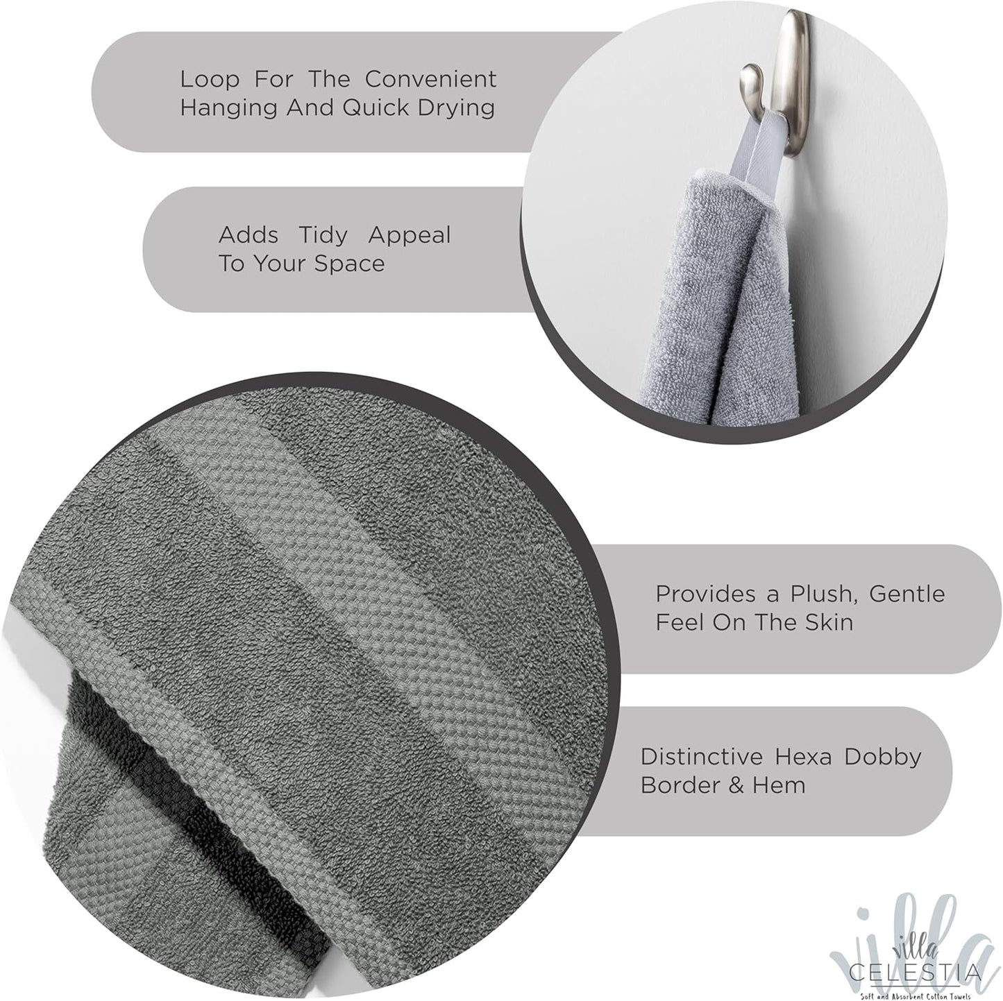 100% Combed Cotton Bathroom Towel Set of 3- 1 Bath Towel, 1 Hand Towel, 1 Wash Cloth, Sustainable, Soft, Highly Absorbent 3 Piece Cotton Bath Towel Set Ideal for Hotels, Spa, Bathroom, Dorm, Grey