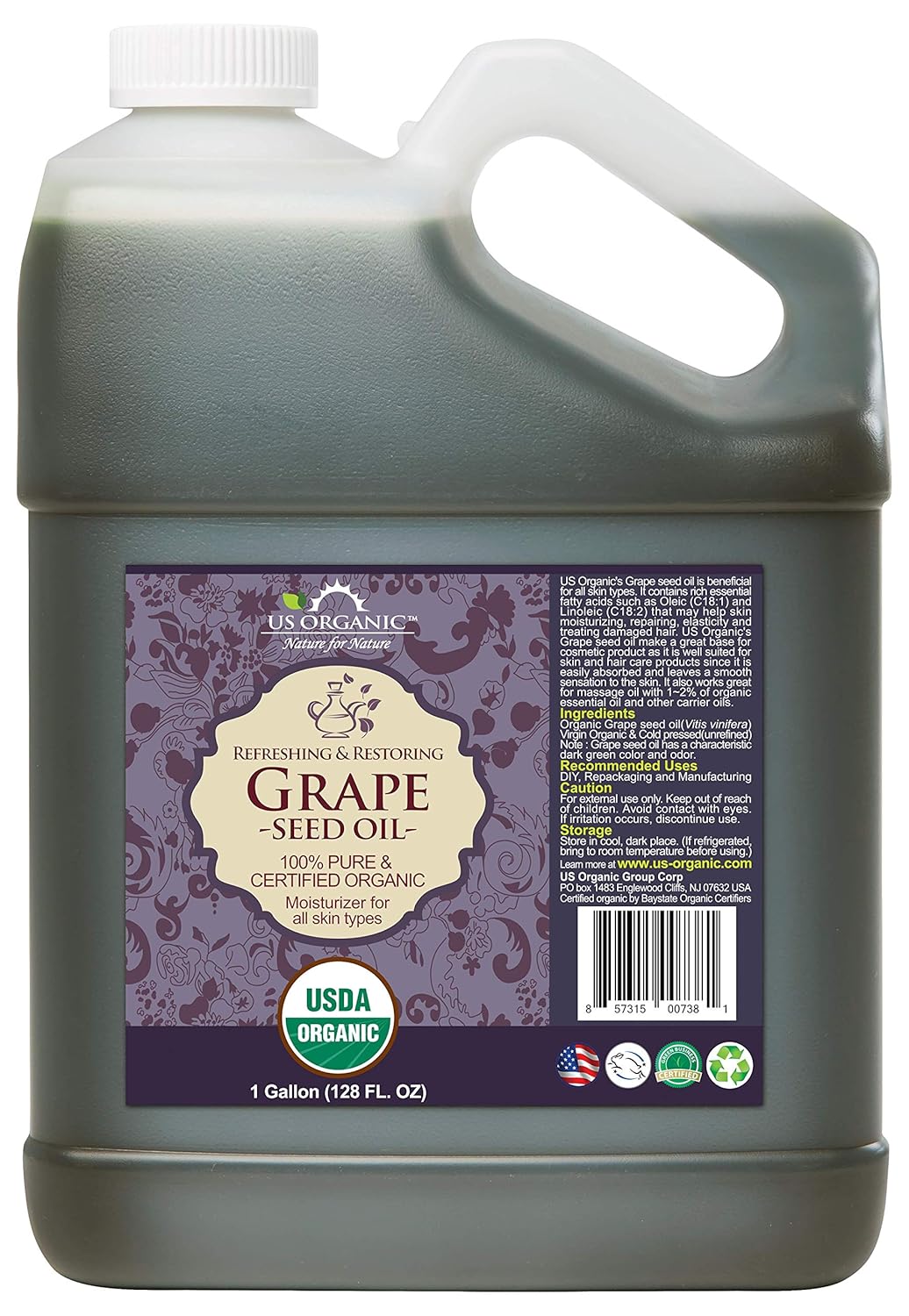 US Organic Grape Seed Oil, USDA Certified Organic, 100% Pure & Natural, Cold Pressed Virgin, Unrefined, Size for DIY and Small Manufacturers (128 oz (1 Gallon))