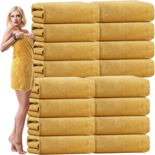 16 Pack Microfiber Bath Towels Bulk 27'' x 60'' Oversized Size Bath Towel Highly Absorbent Extra Large Soft Drying for Shower Beach Salon Winter Sport Spa Gym (Simple,Camel)