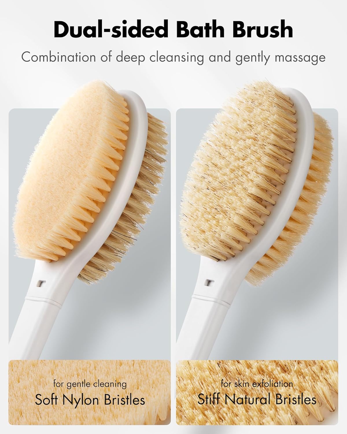 Back Scrubber Anti Slip for Shower: 18.1'' Long Handle Bath Brush with Stiff and Soft Bristles Body Exfoliator Wet or Dry Brushing for Women, Men, Elderly (Charcoal Gray)