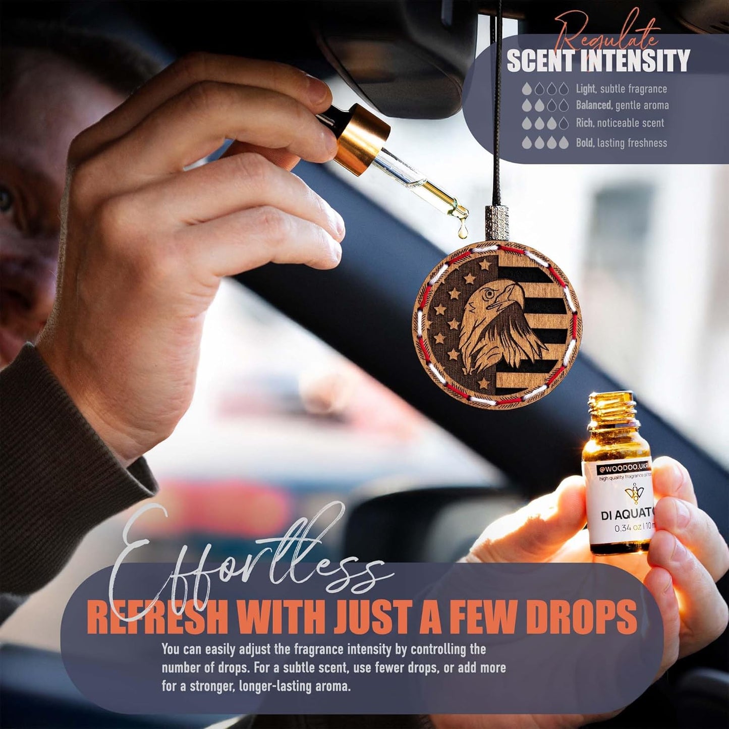 Wood Car Air Freshener — Handcrafted Air Freshener — American Flag Hanging Fragrance Oil Diffuser in Wooden Gift Box — Father’s Day Gift for Car with diAquatoria Fragrance Oil - 10 ml