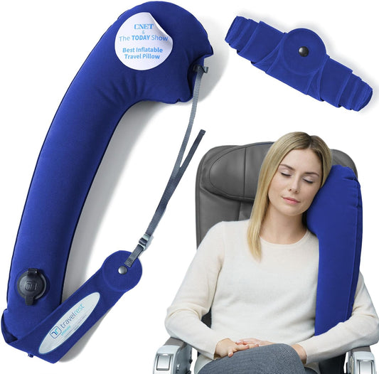 TRAVELREST Ultimate Inflatable Travel Neck & Body Pillow - Travel Essentials, Comfort and Upper Body Support, Airplane Neck Pillow for Long Flight, Straps to Airplane Seat & Car, for All Ages - Blue