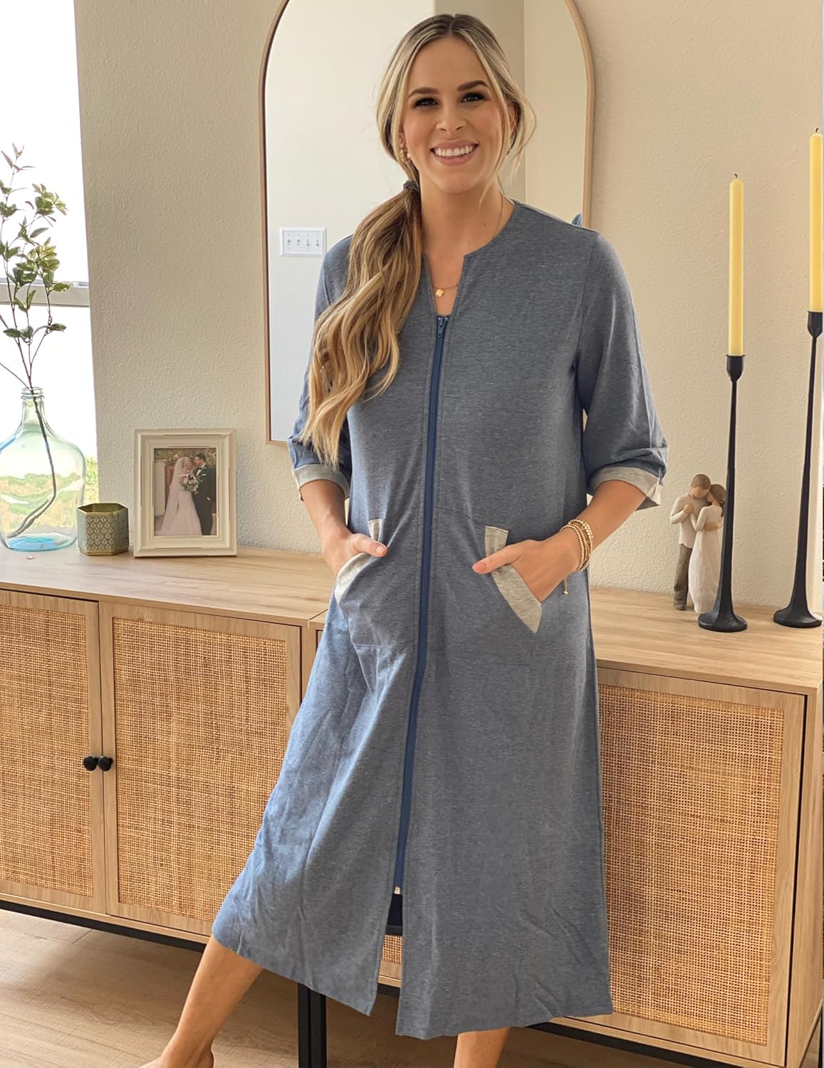 Ekouaer Women Zipper Robe 3/4 Sleeves Loungewear Dress Full Length Sleepwear Pockets Housecoat Nightgown Long Bathrobe