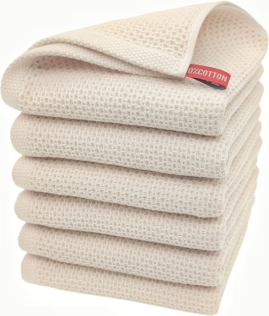Kitchen Hand Towels 100% Cotton Waffle Weave Dish Towel for Cleaning Drying - Extra Absorbent and Soft - 13 x 28 inch (Beige-6 Pack)
