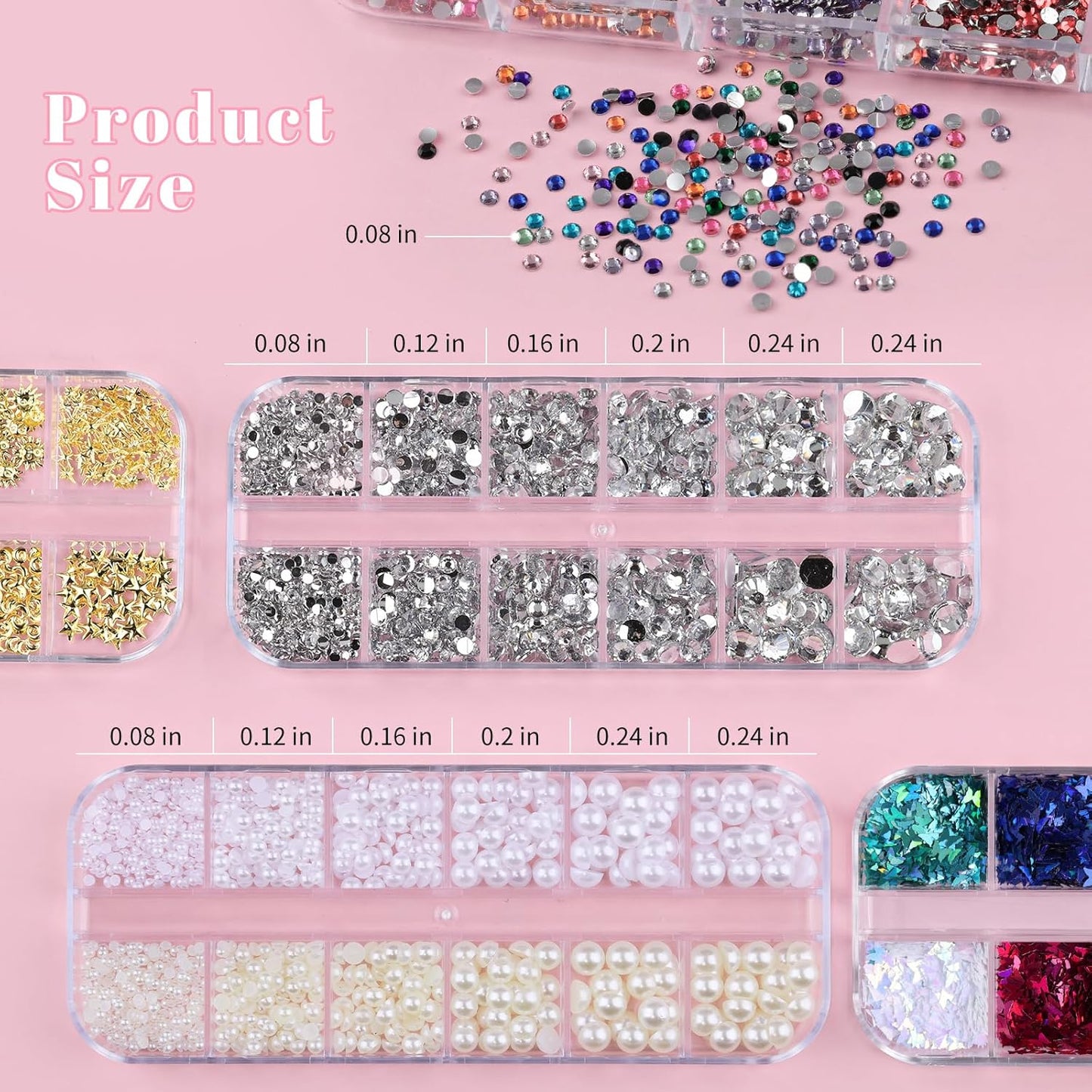 10 Boxes Nail Art Kit - 12 Colors Pointed/Flatback Rhinestones, 3D Gold/Silver/Rose Nail Studs, White Beige Half Pearls, Holographic Glitter & Foils + 3 Tools for DIY Nail Art Jewels & Crafts