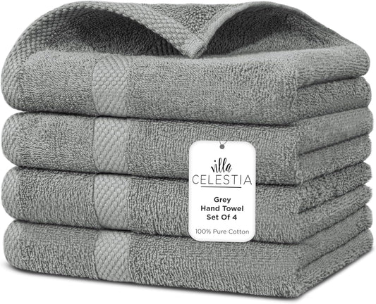 100% Cotton Hand Towel Set of 4, (16 x 28 inches) Sustainable, Soft, Highly Absorbent, Quick Drying, Combed Cotton Hand Towels Pack of 4 Ideal for Hotels, Spa, Bathroom, Dorm, Grey