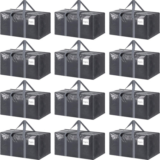 12 Pack Extra Heavy Duty Large Moving Bags with Strong Zipper & Comfortable Handles, Sturdy & Durable Clothes Storage Bags Totes Bins, Packing Moving Boxes for College Supplies, Gray
