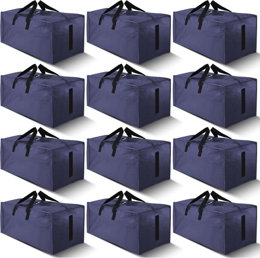 12 Pack Large Strong Moving Bags with Zippers & Carrying Handles - Water-Resistant - Heavy Duty Storage Tote for Space Saving, Fold Flat, Alternative to Moving Box (Blue)