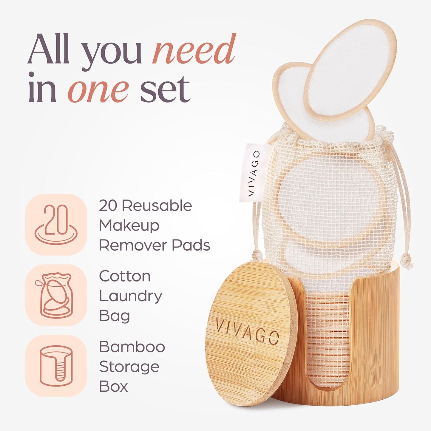 Reusable Cotton Rounds for Face - (20 Pack) Soft Reusable Makeup Remover Pads with Washable Drawstring Laundry Bag & Bamboo Holder - All Skin Type Skincare Set Facial Cleaning Cloth