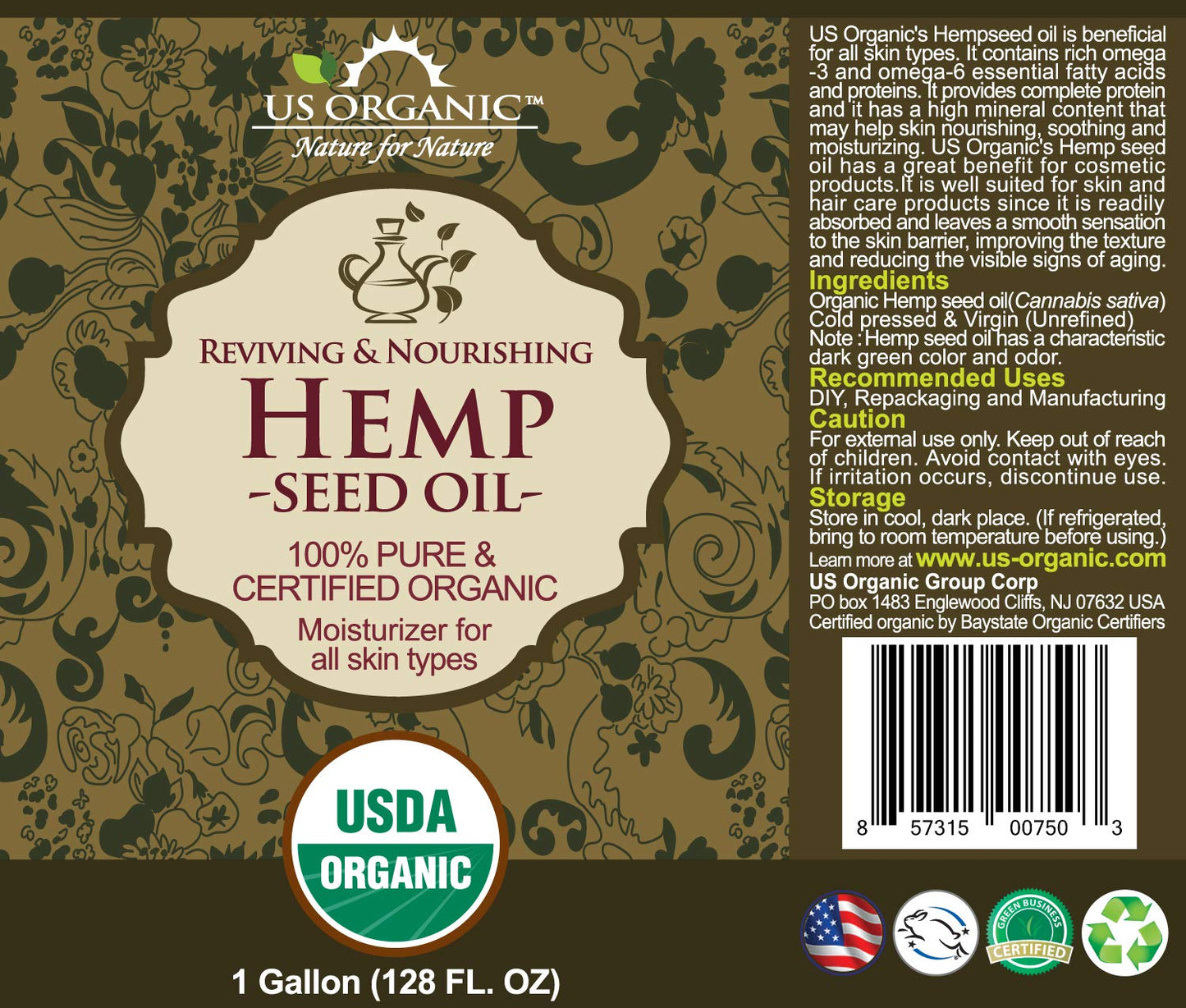 US Organic Hemp Seed Oil, Certified Organic, Pure & Natural, Cold Pressed Virgin, Unrefined, Size for DIY and small manufacturers (128 oz (1 Gallon))