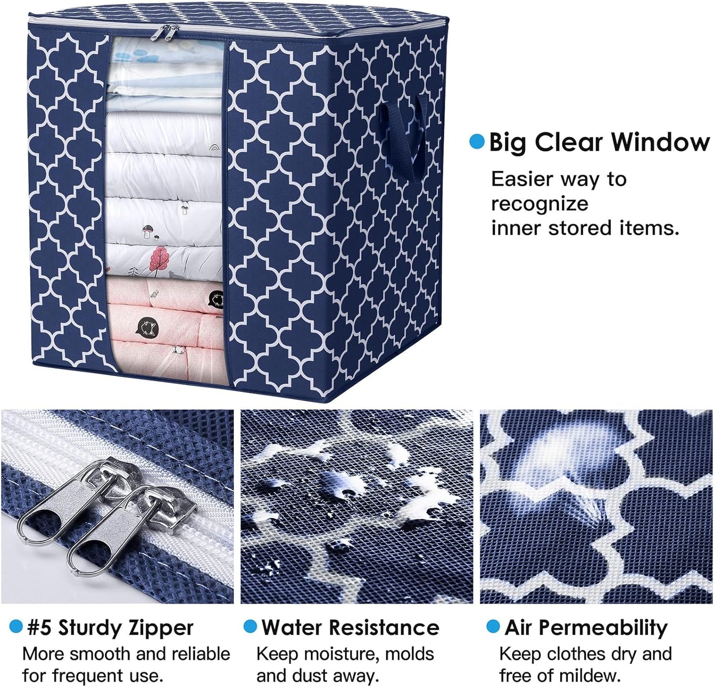 WISELIFE Storage Bags 2 Pack/100L Large Blanket Clothes Organization and Storage Containers for Comforters,Bedding, Foldable Organizer with Reinforced Handle, Clear Window, Sturdy Zippers,Blue