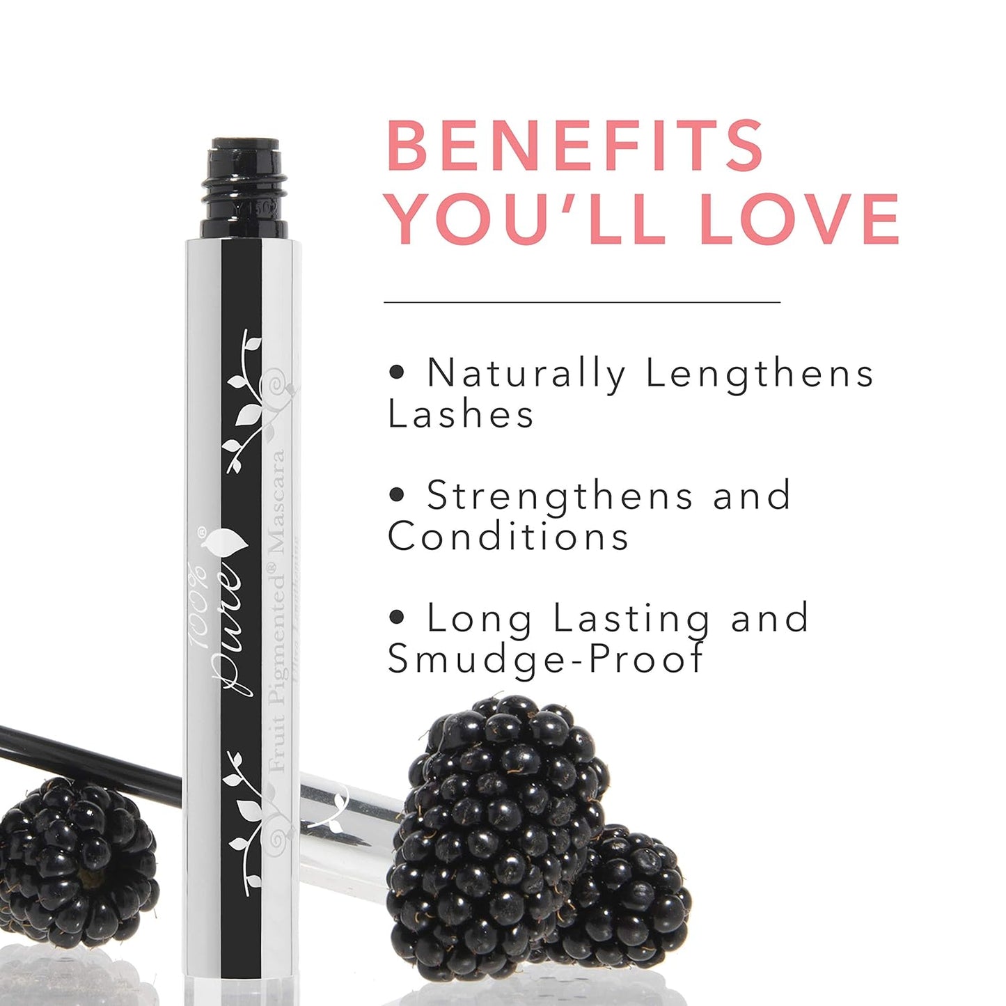 100% PURE Ultra Lengthening Mascara Dramatic Intense Volume & Length Natural Fruit Pigmented Voluminous Eyelash Makeup No Clumping, Smudging or Flaking - Vegan, Blackberry Color - 0.35 oz
