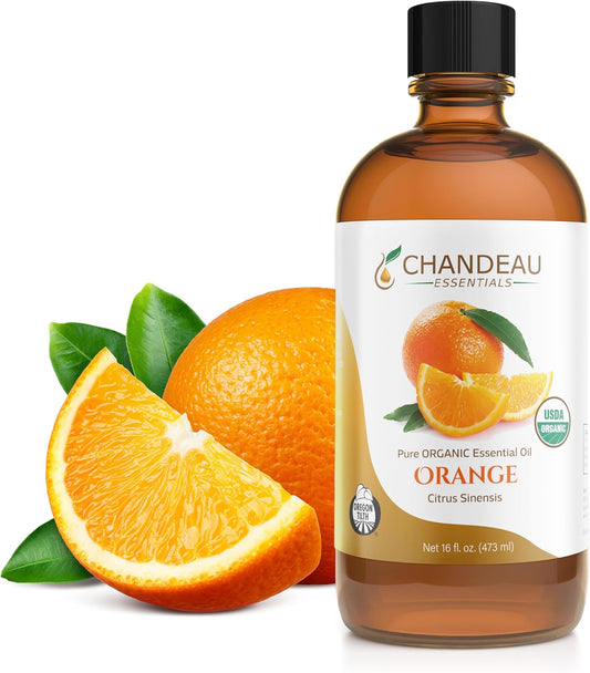100% Pure Organic Essential Oil, Pure Orange Essential Oil for Aromatherapy, Soap Making, Candles, Laundry, Perfume, Cleaners or Diffusers - Large Amber Glass Bottle, 16 oz.