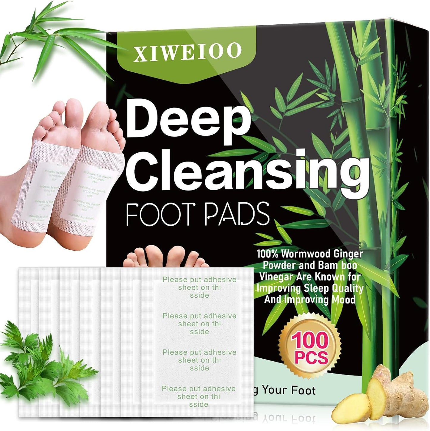 100 Pack Foot Pads, Ginger Oil Bamboo Charcoal, Foot Care Patch Message Deep Cleansing for Stress Relief, Better Rest, Feet Health Patches, Relaxing Muscles