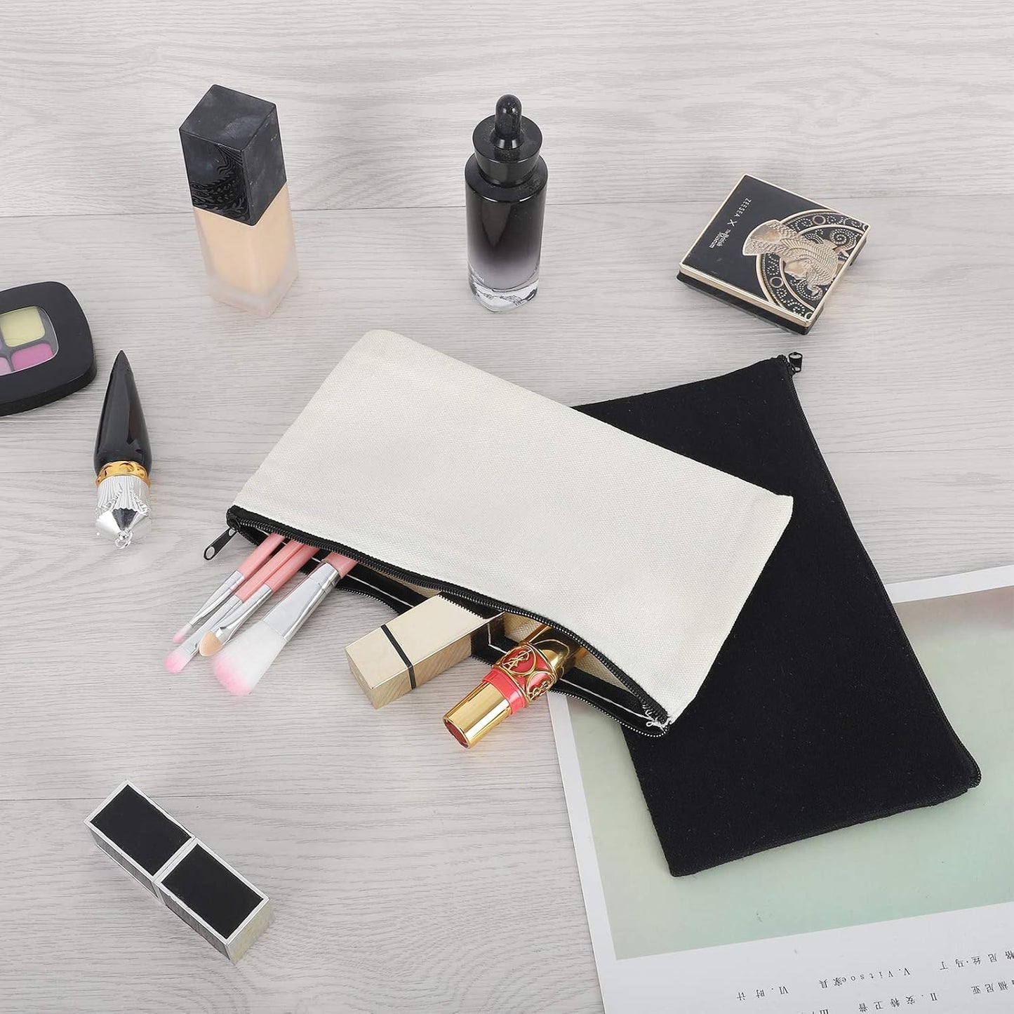 12 Pieces Cotton Canvas Makeup Bag, Multipurpose Cosmetic Bag with Zipper Travel Toiletry Pouch, Blank DIY Craft Bag (Grey, L)