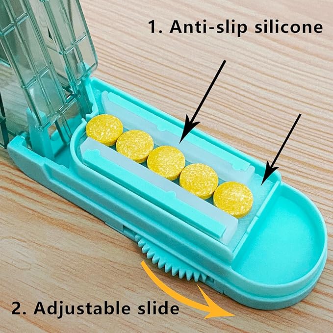 Johnbee Pill Cutter Splitter for Small and Tiny Pills, Larger Pills. Adjustable Pill Splitter Accurately Cuts Multiple Pills at Once. Sharp Blade with Safety Guard. Non-Slip Silicone Edge (Lake Blue)