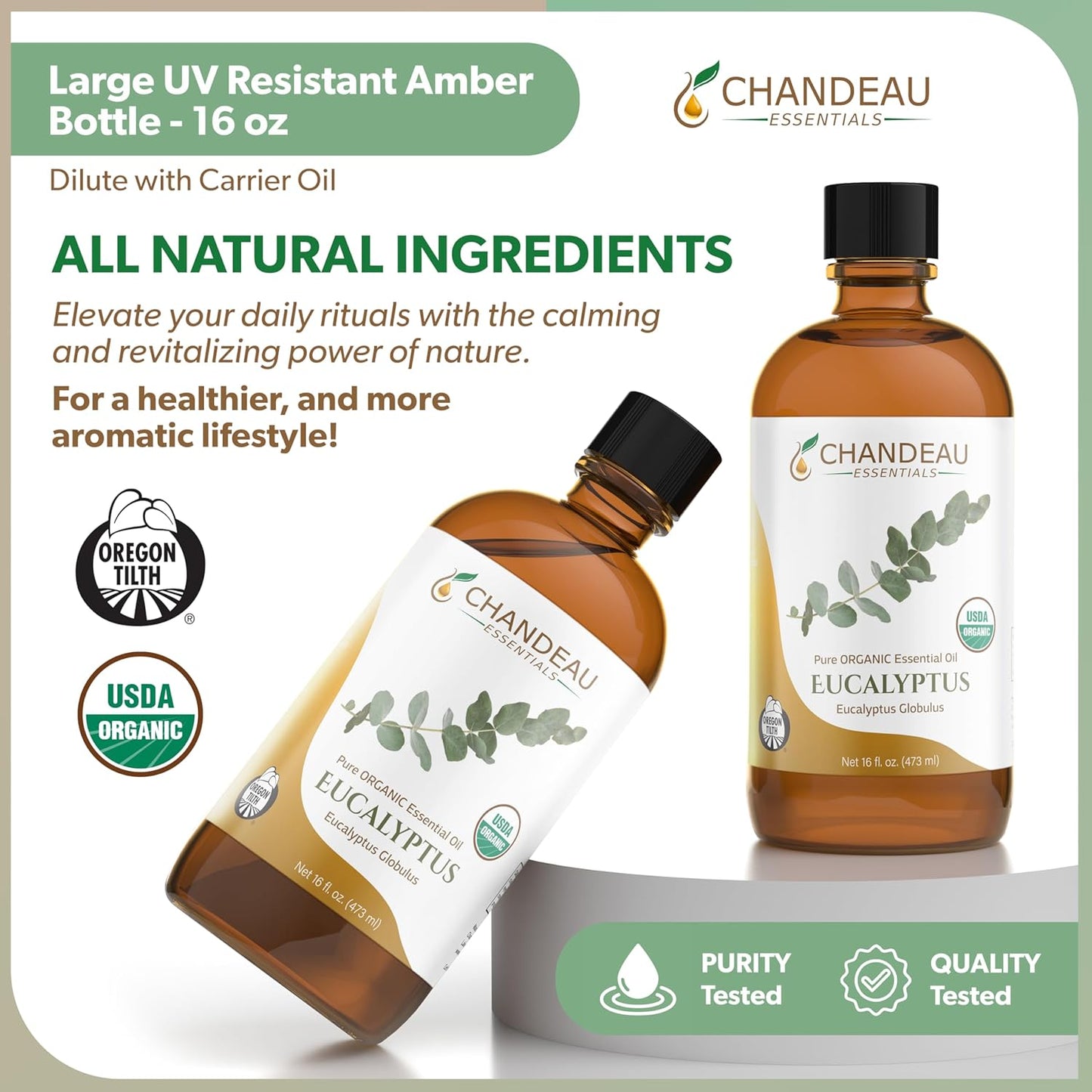 100% Pure Organic Essential Oil, Pure Eucalyptus Essential Oil for Aromatherapy, Soap Making, Candles, Laundry, Perfume, Cleaners or Diffusers - Large Amber Glass Bottle, 16 oz.