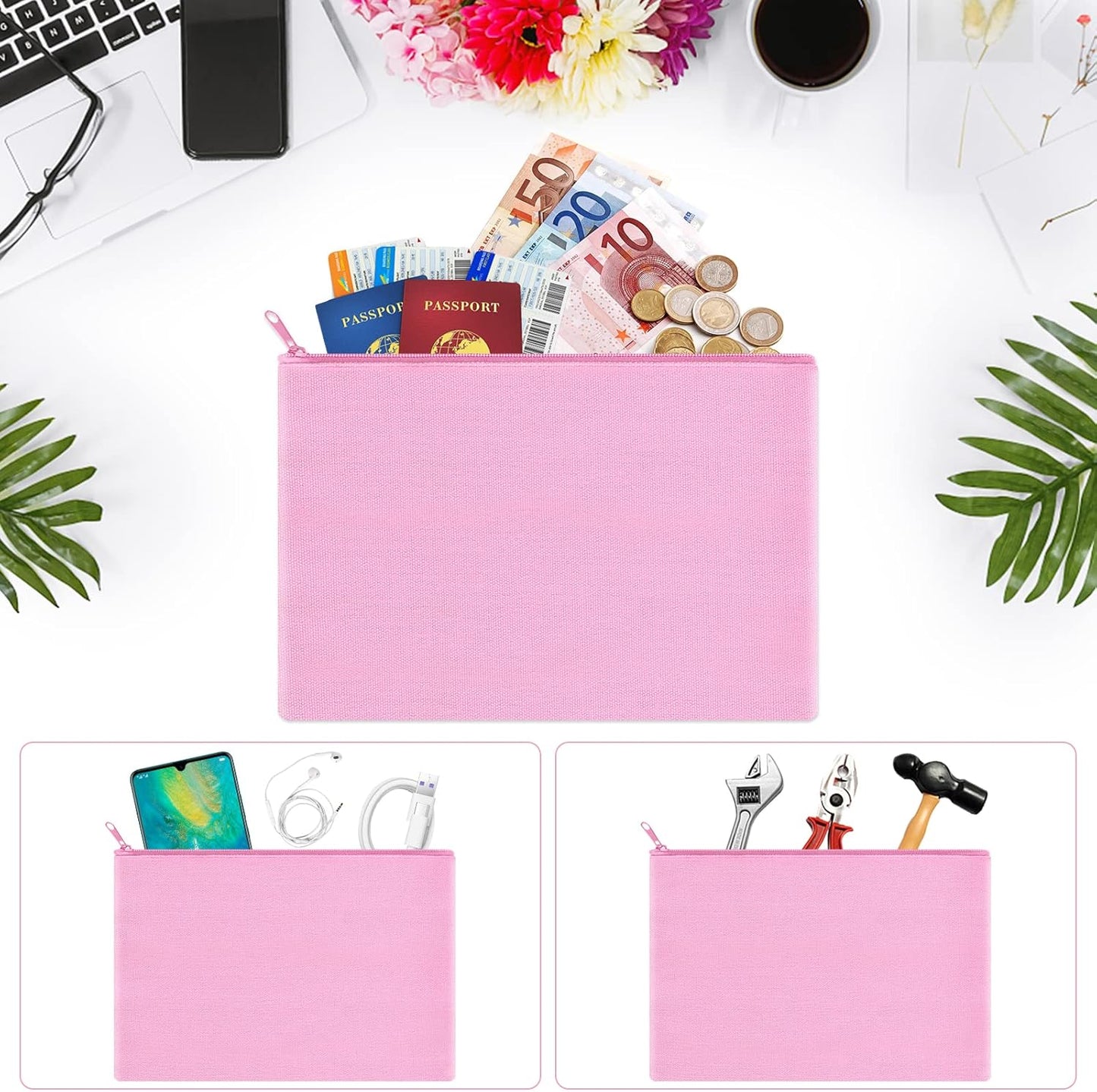 12 Pieces Cotton Canvas Makeup Bag, Multipurpose Cosmetic Bag with Zipper Travel Toiletry Pouch, Blank DIY Craft Bag (Pink, L)