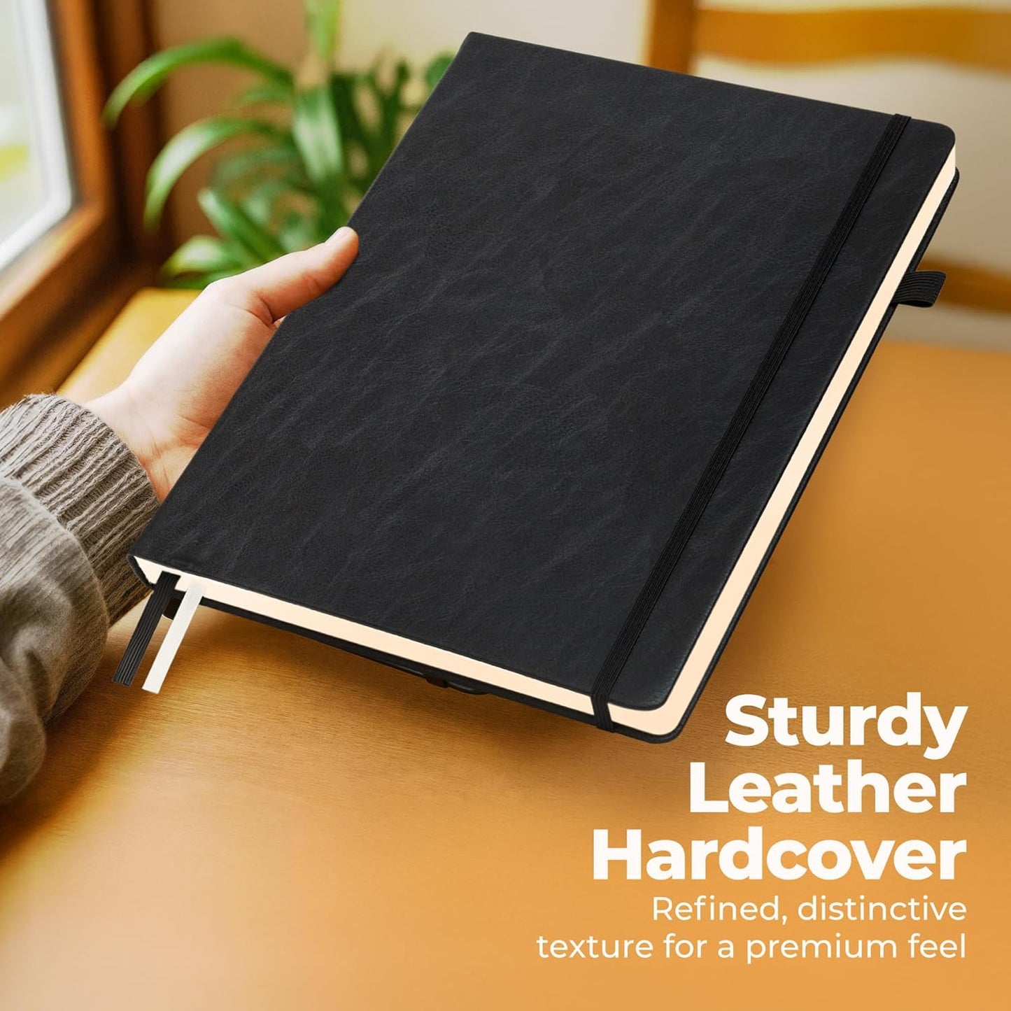 Classic Lined Journal Notebook 8.5x11" A4 Hardcover Leather - Black - 200 Pages College Ruled Large with Sticky Tabs, Pockets, and Pen Loop for Writing and Journaling - Big Hardback Men and Women