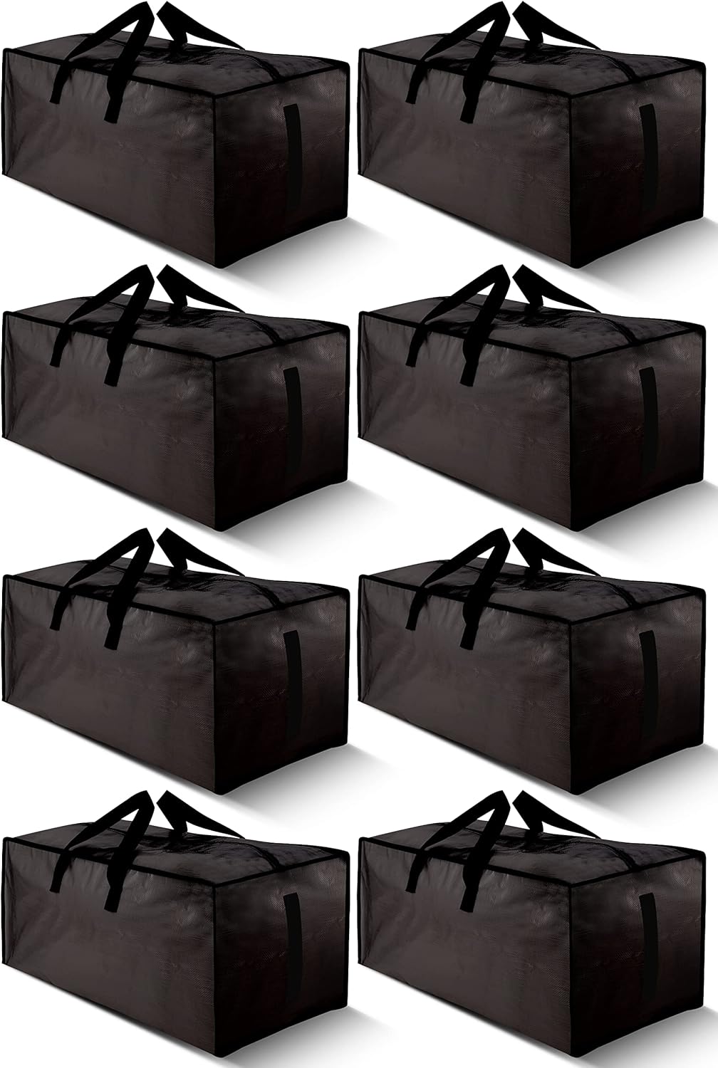 8 Pack Large Strong Bags with Zippers & Carrying Handles - Water-Resistant - Heavy Duty Storage Tote for Space Saving, Fold Flat, Alternative to Moving Box (Black)