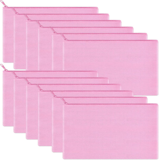 12 Pieces Cotton Canvas Makeup Bag, Multipurpose Cosmetic Bag with Zipper Travel Toiletry Pouch, Blank DIY Craft Bag (Pink, S)