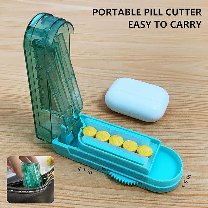 Johnbee Pill Cutter Splitter for Small and Tiny Pills, Larger Pills. Adjustable Pill Splitter Accurately Cuts Multiple Pills at Once. Sharp Blade with Safety Guard. Non-Slip Silicone Edge (Lake Blue)