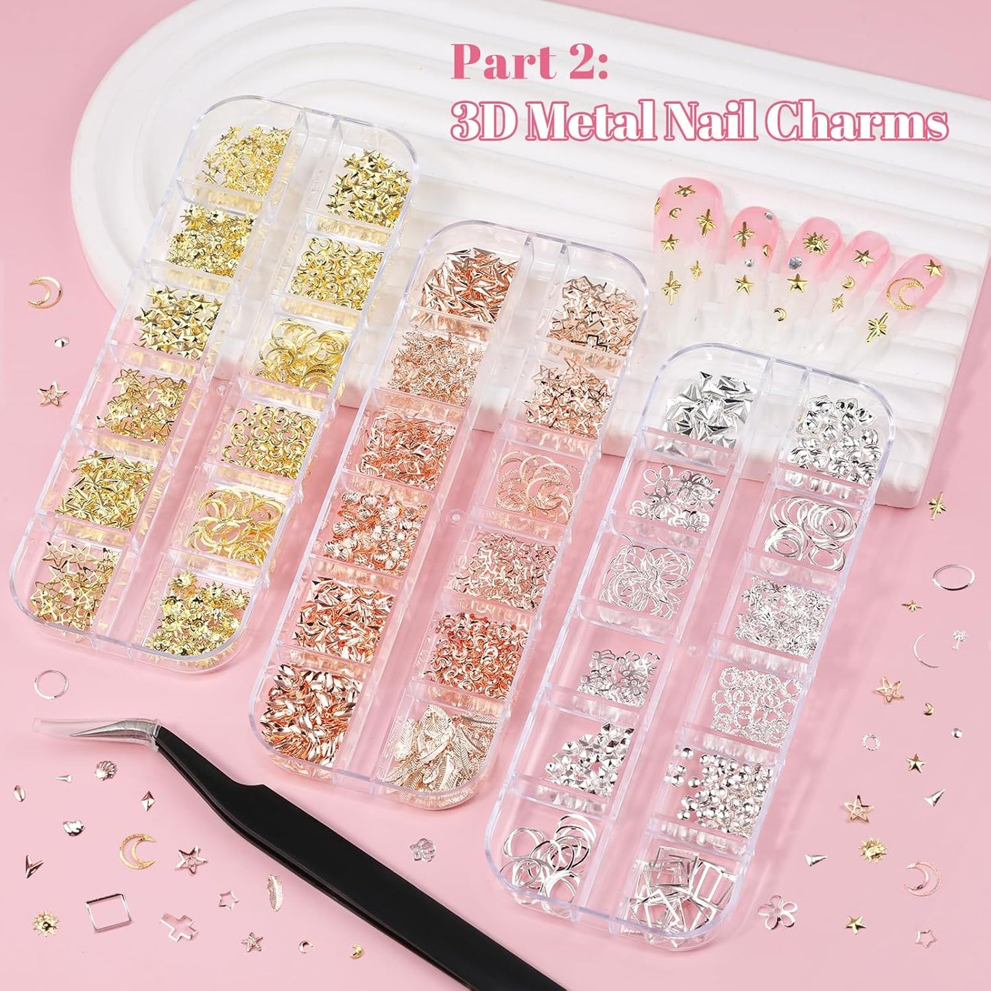 12 Boxes Nail Art Kit with Nail Charms, Gems, Rhinestones & Studs - Flatback Rhinestones, 3D Gold/Silver Charms, White Half Pearls, Pink Flower Charms, Star/Butterfly Sequins + 4 Tools for DIY Crafts