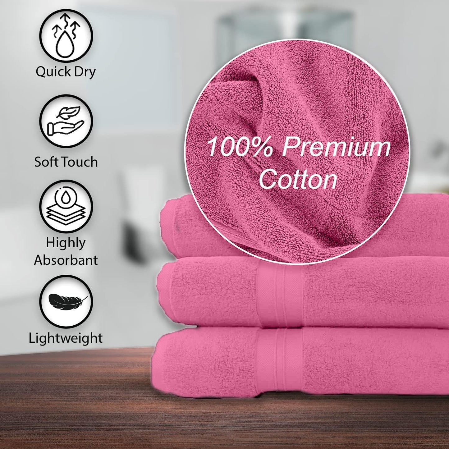 100% Cotton Bath Towels, 24x48 Pack of 6 Towels, Quick Dry, Highly Absorbent, Soft Feel Towel, Gym, Spa, Bathroom, Shower, Pool, Luxury Soft Towels (Pink, 24x48-6 Pack)