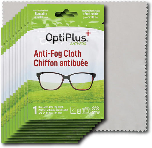 OptiPlus Anti Fog Cloth for Eyeglasses, Goggles, and Shields | Premium Reusable Anti-Fog Treatment | 10 Cloths 1000 uses | Anti-Fog for All Lenses - 10 Pack
