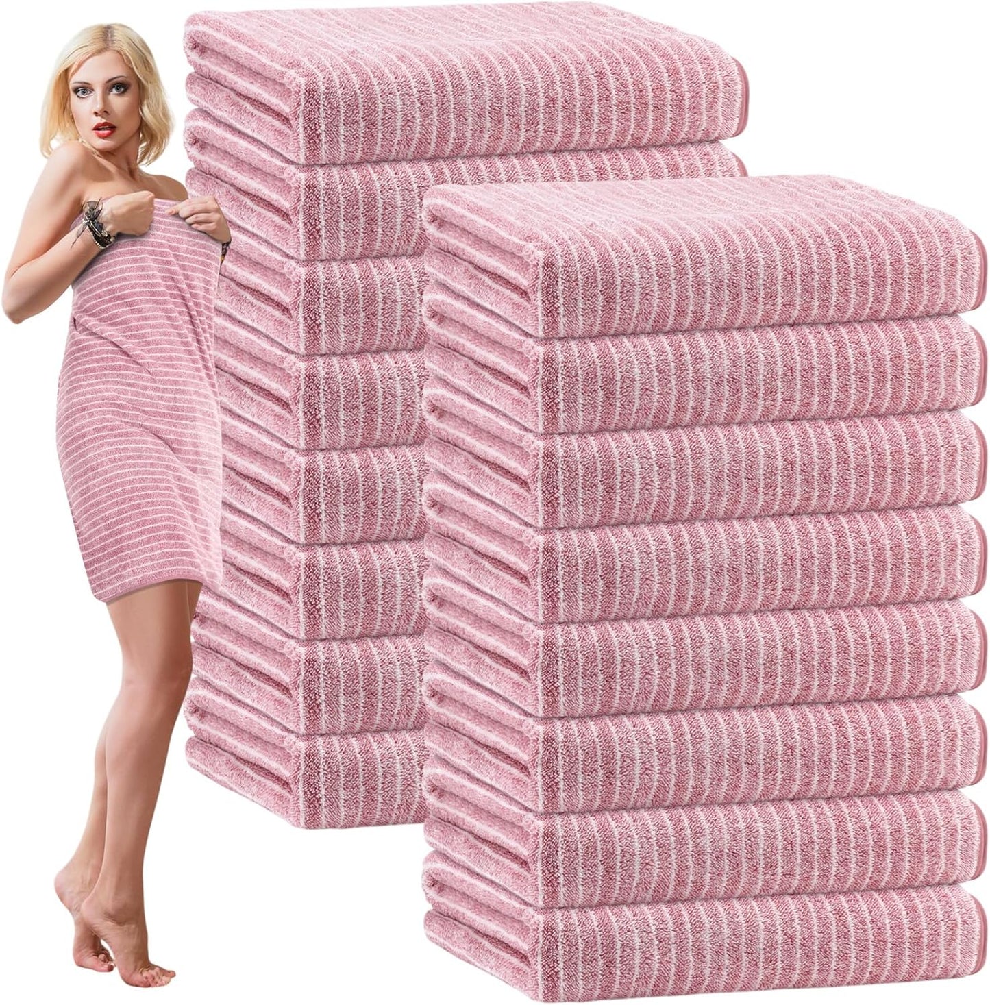 16 Pack Microfiber Bath Towels Bulk 27'' x 60'' Oversized Size Bath Towel Highly Absorbent Extra Large Soft Drying for Shower Beach Salon Winter Sport Spa Gym (Pinstripe,Pink)