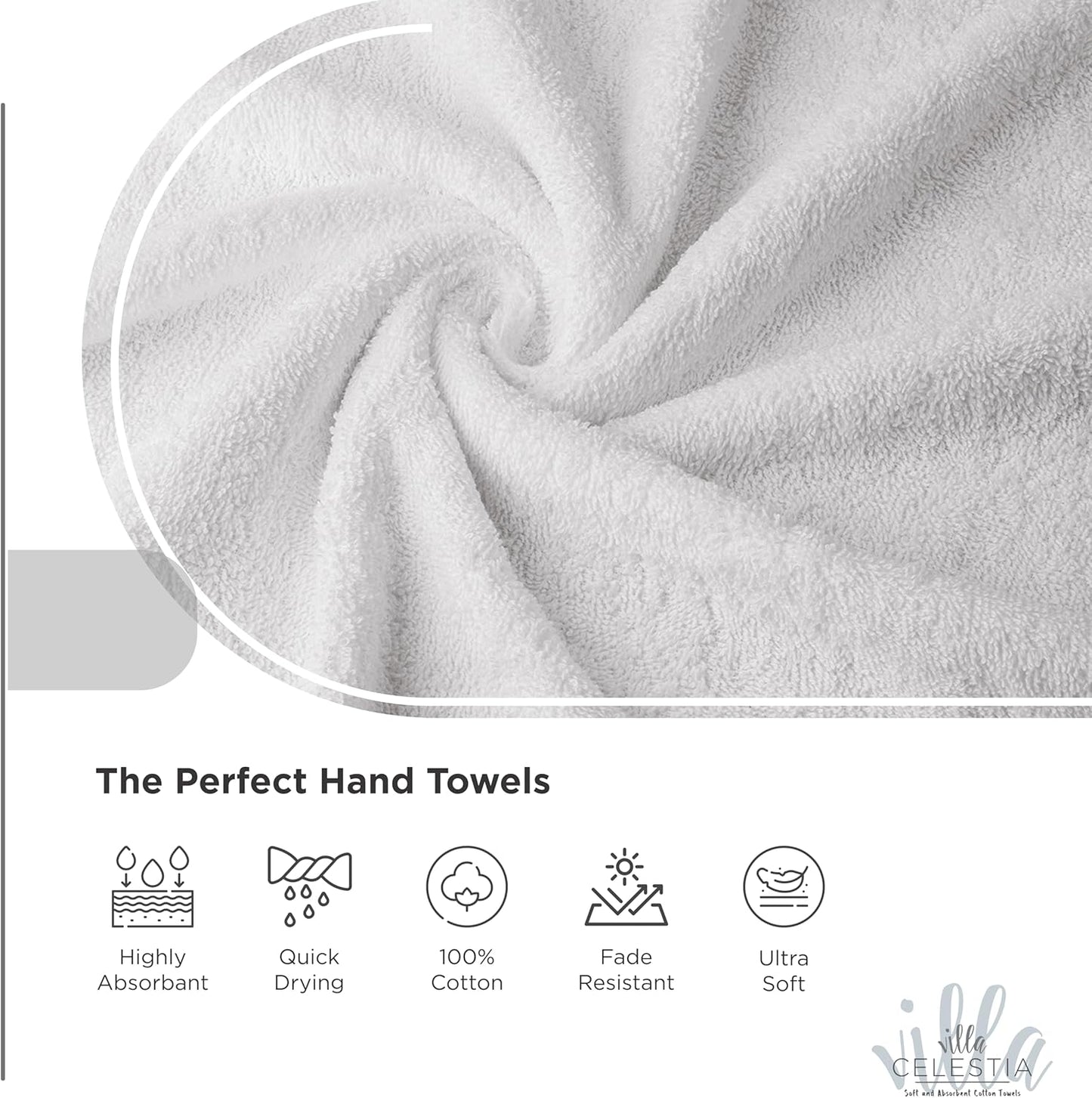 100% Cotton Hand Towel Set of 2, (16 x 28 inches) Sustainable, Soft, Highly Absorbent, Quick Drying, Combed Cotton Hand Towels Pack of 2 Ideal for Hotels, Spa, Bathroom, Dorm, White