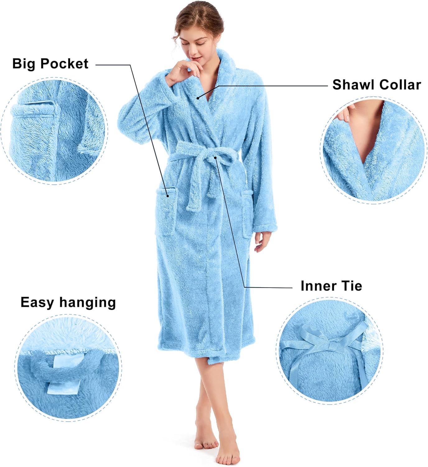 Inner Wish Womens Plush Fleece Robe, Cozy Warm Bathrobe Fuzzy Female Spa Robe With Pockets