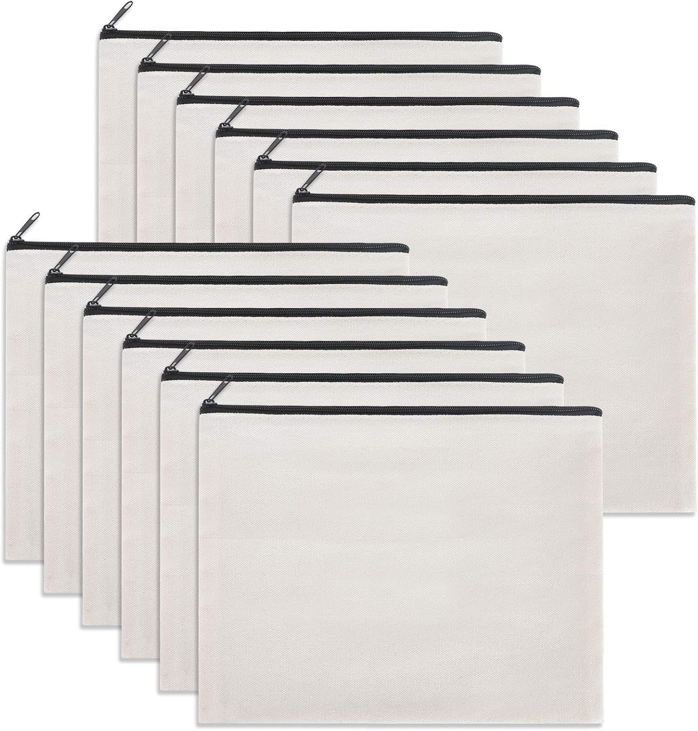 12 Pieces White Cotton Canvas Makeup Bag, Multipurpose Cosmetic Bag with Zipper Travel Toiletry Pouch, Blank DIY Craft Bag (White, L)