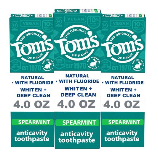 Tom's of Maine Whiten Plus Deep Clean Whitening Toothpaste, Natural Whitening Toothpaste with Plant-Based Cleansers, Enamel Safe, Whitens Without Causing Sensitivity, Spearmint, 4.0 Oz (Pack of 3)