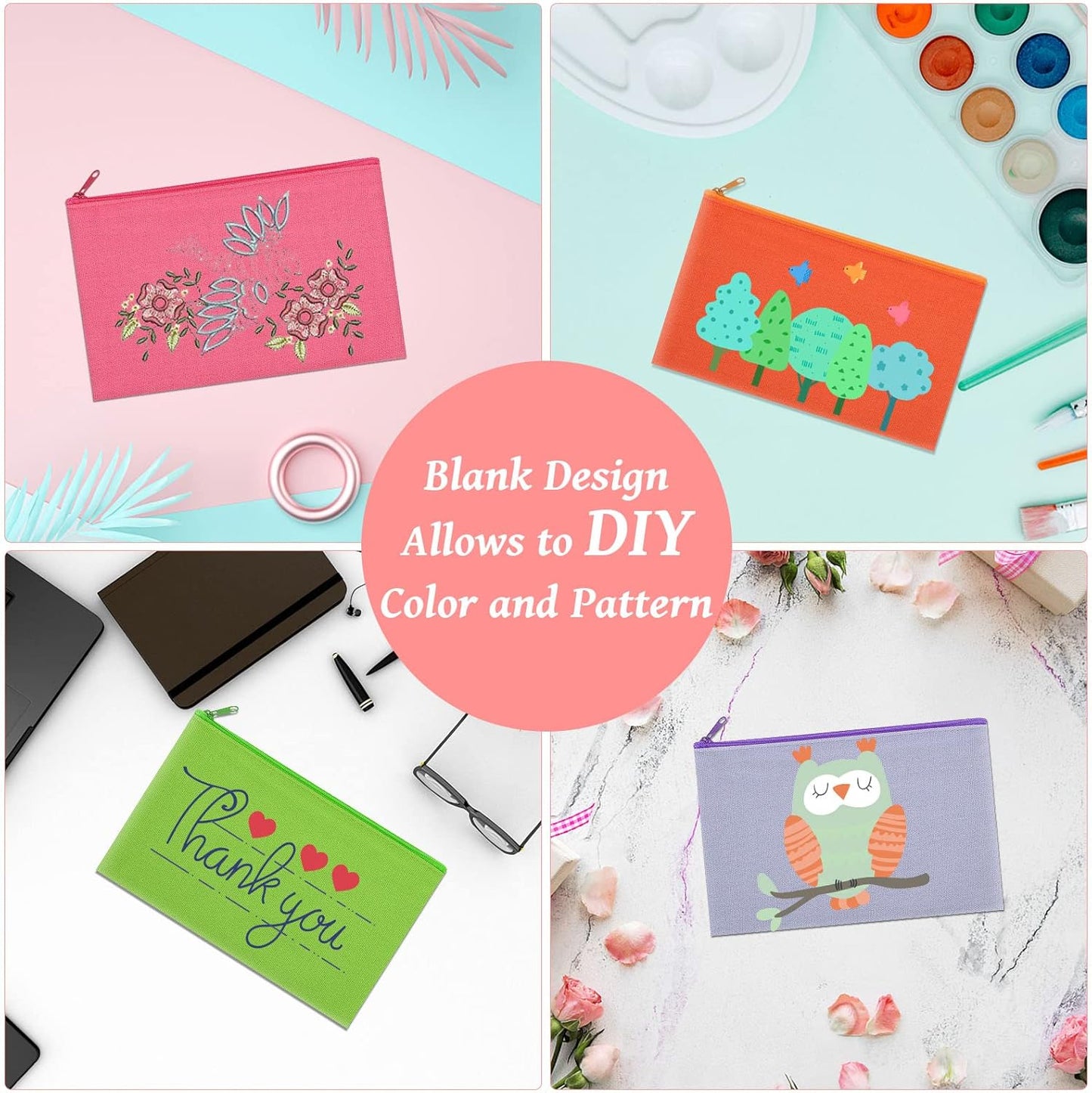 12 Pieces Cotton Canvas Makeup Bag, Multipurpose Cosmetic Bag with Zipper Travel Toiletry Pouch, Blank DIY Craft Bag (Multicolored B, S)