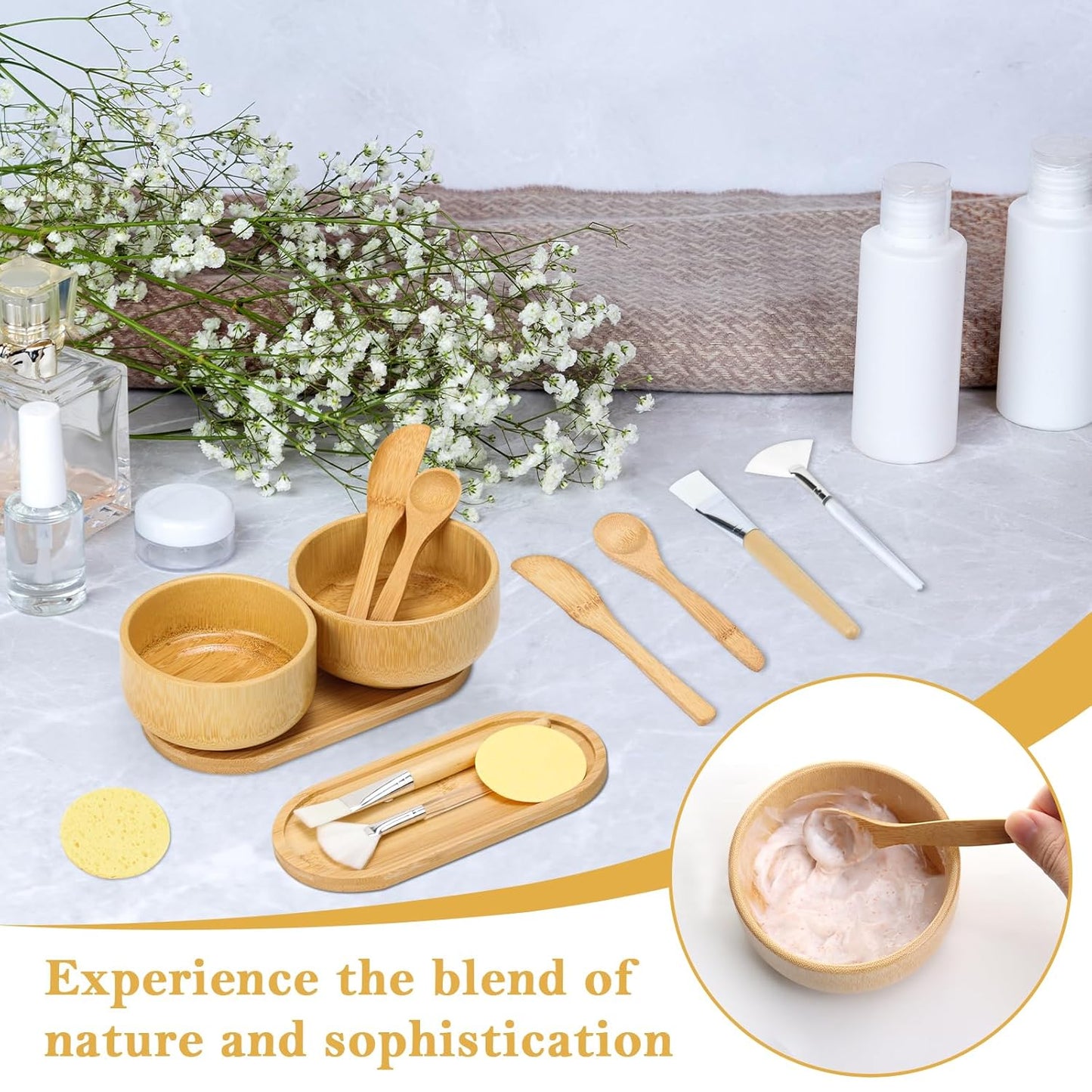 14 Pcs Bamboo Esthetician Supplies 2 Face Mask Mixing Bowls 2 Fan Brushes Esthetician 2 Flat Facial Brushes 2 Mask Spatulas 2 Facial Cream Spoons 2 Skincare Trays 2 Round Compressed Facial Sponges