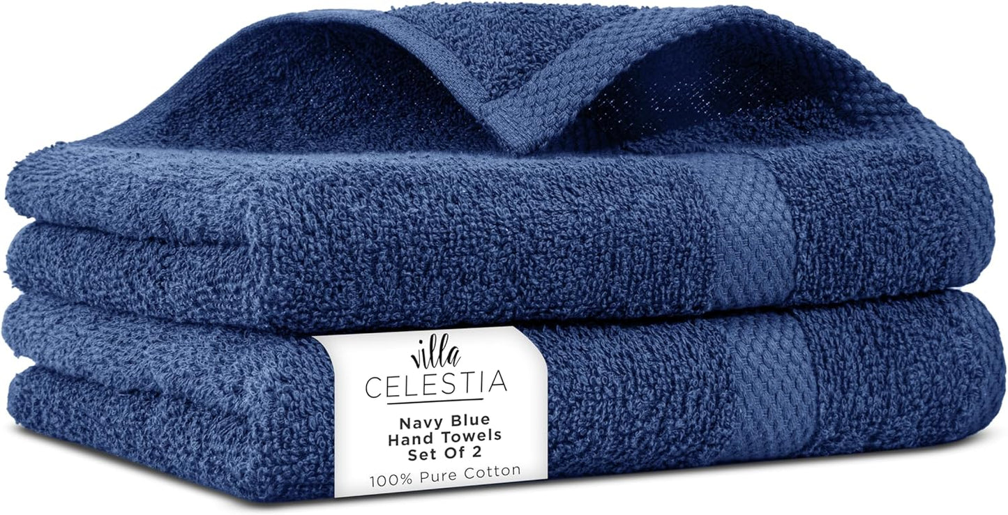 100% Cotton Hand Towel Set of 2, (16 x 28 inches) Sustainable, Soft, Highly Absorbent, Quick Drying, Combed Cotton Hand Towels Pack of 2 Ideal for Hotels, Spa, Bathroom, Dorm, Navy Blue