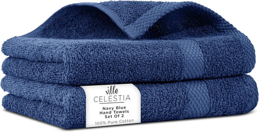 100% Cotton Hand Towel Set of 2, (16 x 28 inches) Sustainable, Soft, Highly Absorbent, Quick Drying, Combed Cotton Hand Towels Pack of 2 Ideal for Hotels, Spa, Bathroom, Dorm, Navy Blue