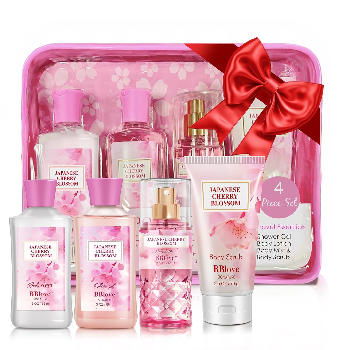 Bath and Body Gift Set for Women & Girls, Japanese Cherry Blossom, 4PCS Set for-Shower Gel, Body Lotion, Body Mist, Exfoliating Scrub, Body Care Set