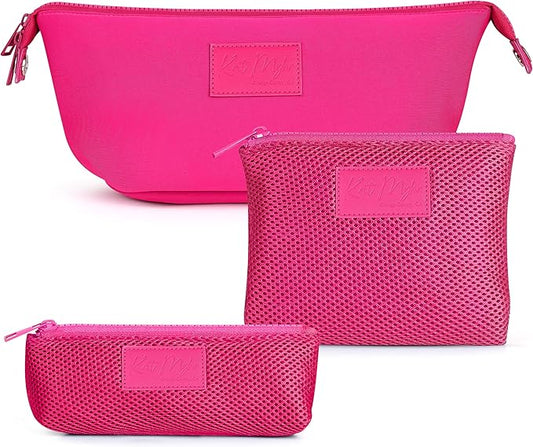 Kat Myhr Neoprene Washable Travel Makeup & Cosmetic Bag Set, 2 Air Mesh Pouches,100% Neoprene Toiletry Bag, Large Water Resistant Travel Bag for Toiletries, Makeup Cosmetic Travel Bag (Fuchsia Pink)