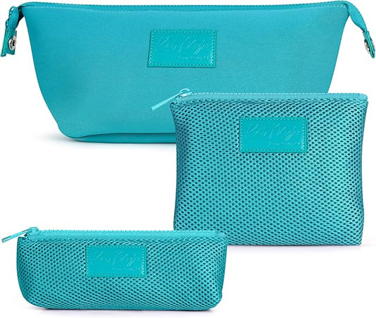 Kat Myhr Neoprene Washable Travel Makeup & Cosmetic Bag Set, 2 Air Mesh Pouches,100% Neoprene Toiletry Bag, Large Water Resistant Travel Bag for Toiletries, Makeup Cosmetic Travel Bag (Turquoise)