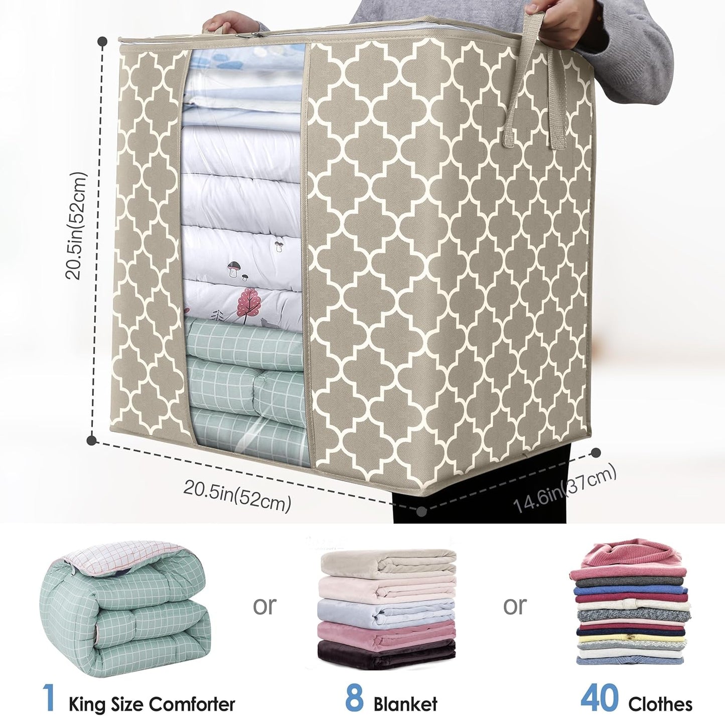 WISELIFE Storage Bags 3 Pack/100L Large Blanket Clothes Organization and Storage Containers for Comforters,Bedding, Foldable Organizer with Reinforced Handle, Clear Window, Sturdy Zippers,Beige