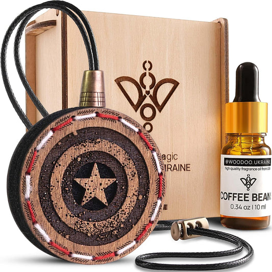 Wood Car Air Freshener — Handmade Car Air Freshener — Captain Shield Designed Fragrance Oil Diffuser in Wooden Gift Box — Aromatherapy Gift Set with Coffee Beans Fragrance Oil - 10 ml