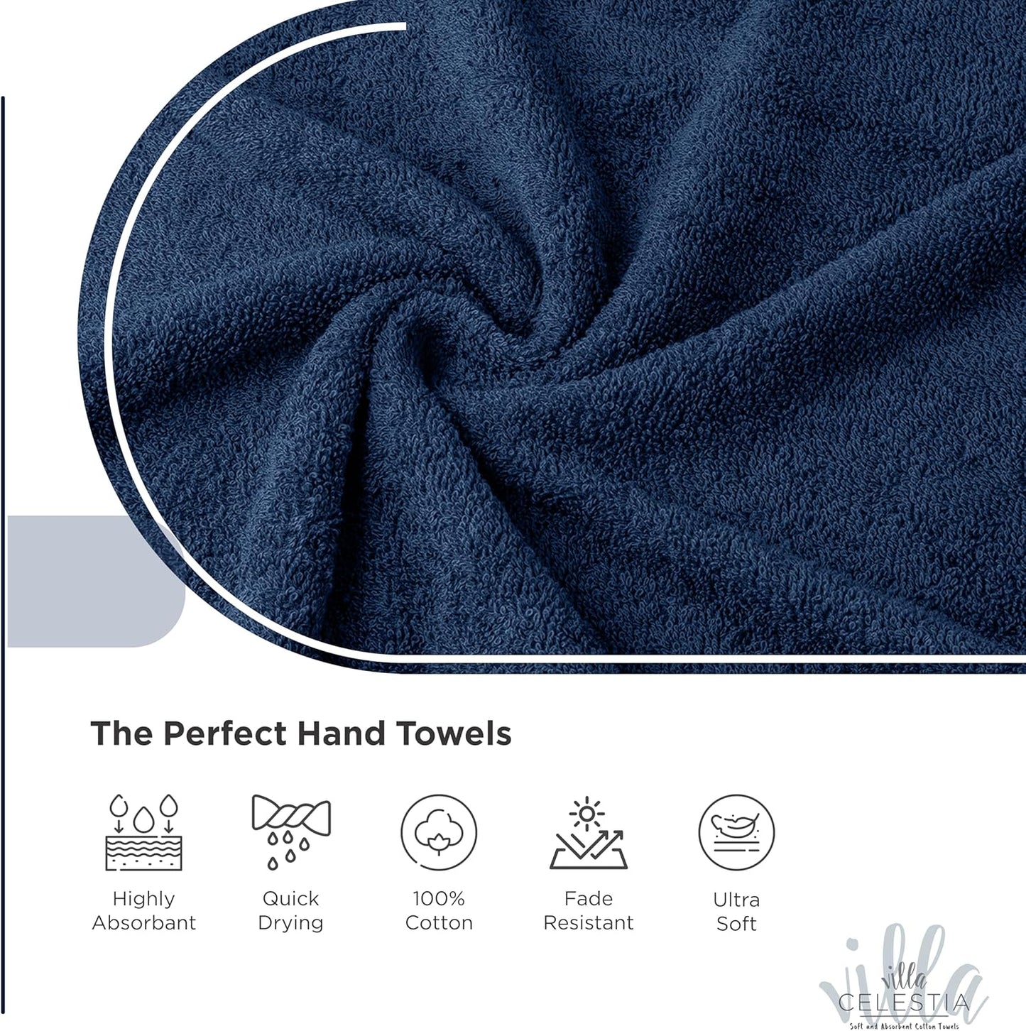 100% Cotton Hand Towel Set of 4, (16 x 28 inches) Sustainable, Soft, Highly Absorbent, Quick Drying, Combed Cotton Hand Towels Pack of 4 Ideal for Hotels, Spa, Bathroom, Dorm, Navy Blue
