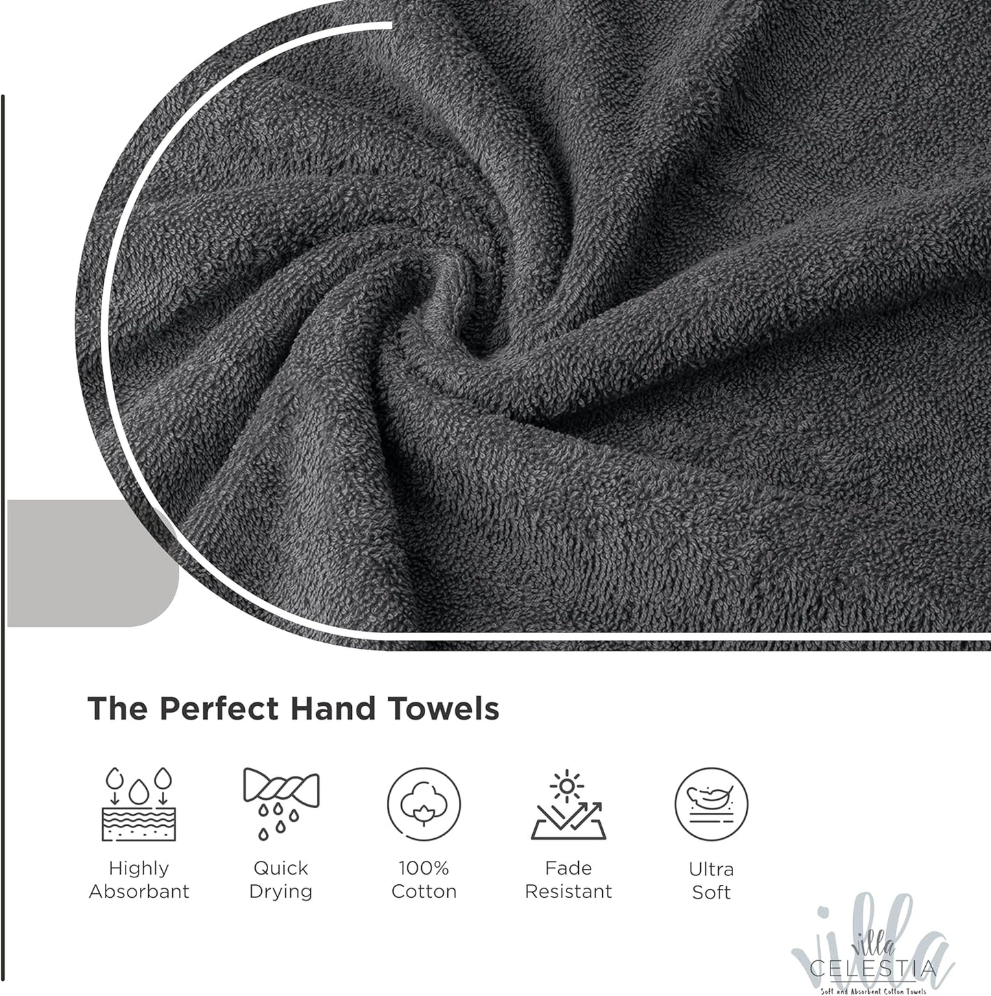 100% Cotton Hand Towel Set of 4, (16 x 28 inches) Sustainable, Soft, Highly Absorbent, Quick Drying, Combed Cotton Hand Towels Pack of 4 Ideal for Hotels, Spa, Bathroom, Dorm, Grey