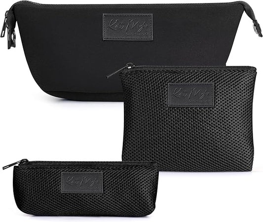 Kat Myhr Neoprene Washable Travel Makeup & Cosmetic Bag Set, 2 Air Mesh Pouches,100% Neoprene Toiletry Bag, Large Water Resistant Travel Bag for Toiletries, Makeup Cosmetic Travel Bag (Jet Black)