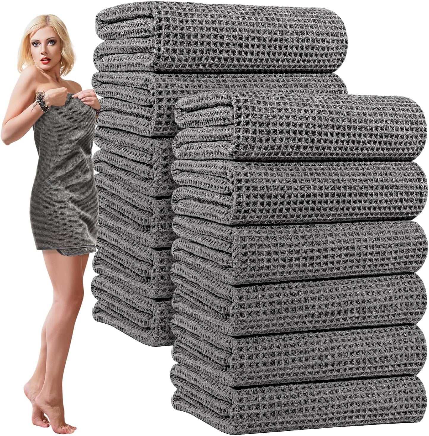 12 Pack Microfiber Bath Towels Bulk 27'' x 60'' Oversized Size Bath Towel Highly Absorbent Extra Large Soft Drying for Shower Beach Salon Winter Sport Spa Gym (Waffle,Grey)